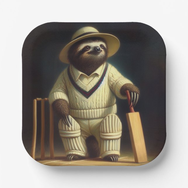 Sloth Cricket Player Paper Plates (Front)