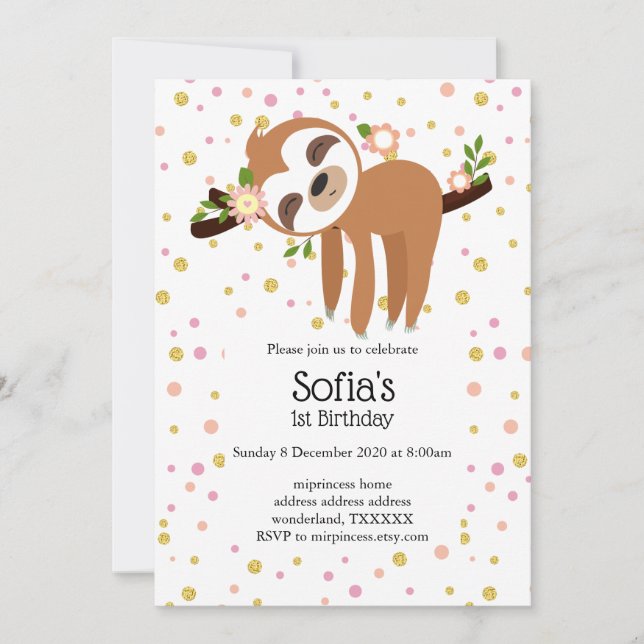 sloth, cute sloth, animal illustration invitation (Front)