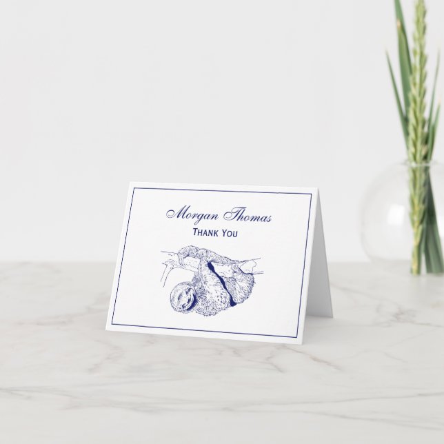 Sloth Drawing Lithograph #1 Blue Letterpress Thank You Card (Front)