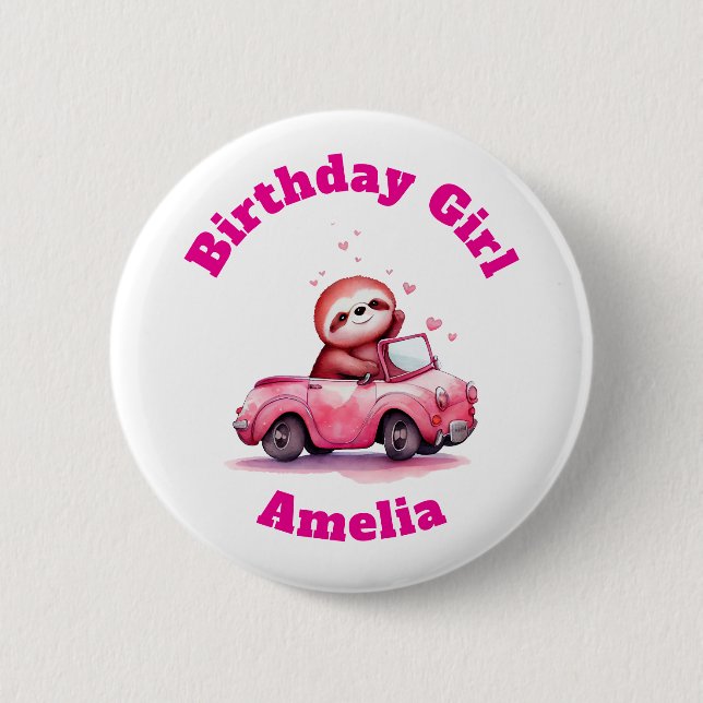 Sloth Driving a Pink Convertible Birthday Girl Button (Front)