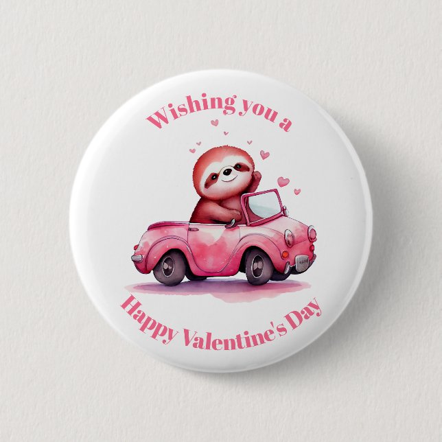 Sloth Driving a Pink Convertible Valentine's Day Button (Front)