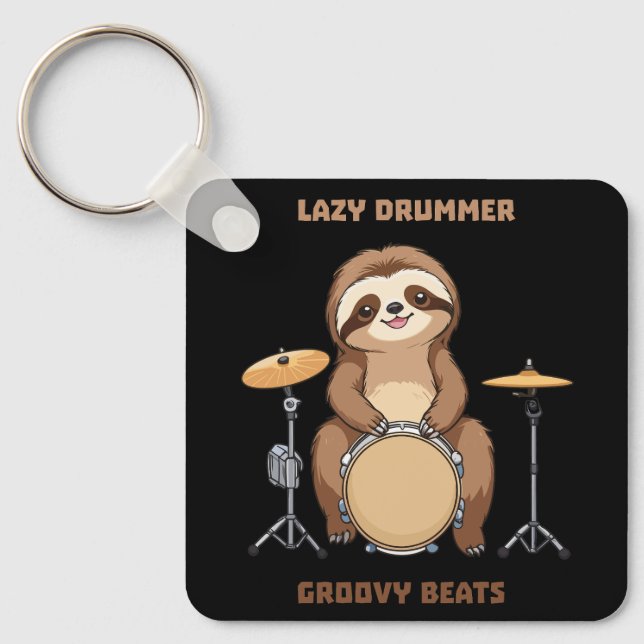 Sloth Drummer - Lazy Drummer Groovy Beats Keychain (Front)