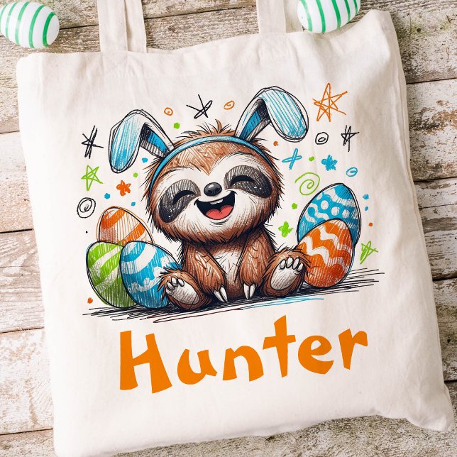 Sloth Easter Kids Name Boys Bunny Tote Bag (Boys Easter Tote)