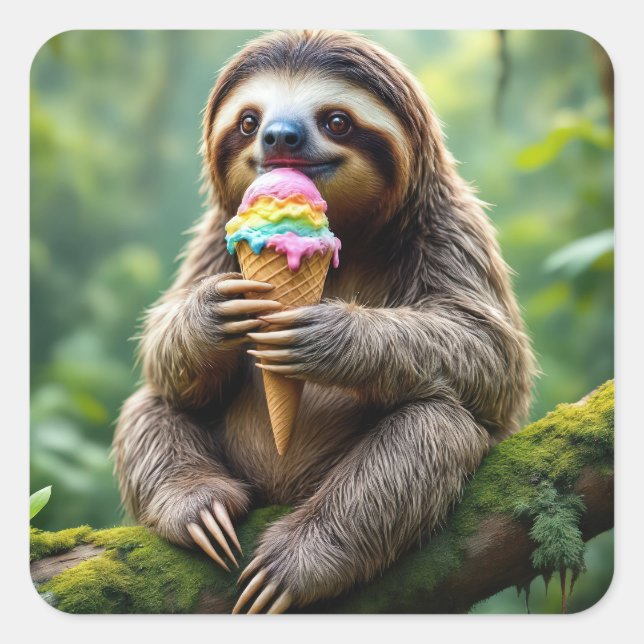 Sloth Eating a Rainbow Ice Cream Cone Square Sticker (Front)
