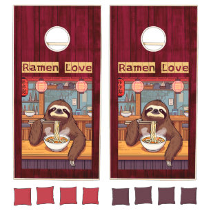Sloth Eating Ramen on Red Wood – Ramen Love Cornhole Set