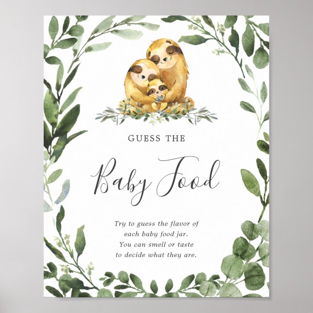 Sloth Family Baby Shower Guess The Baby Food Sign (Front)