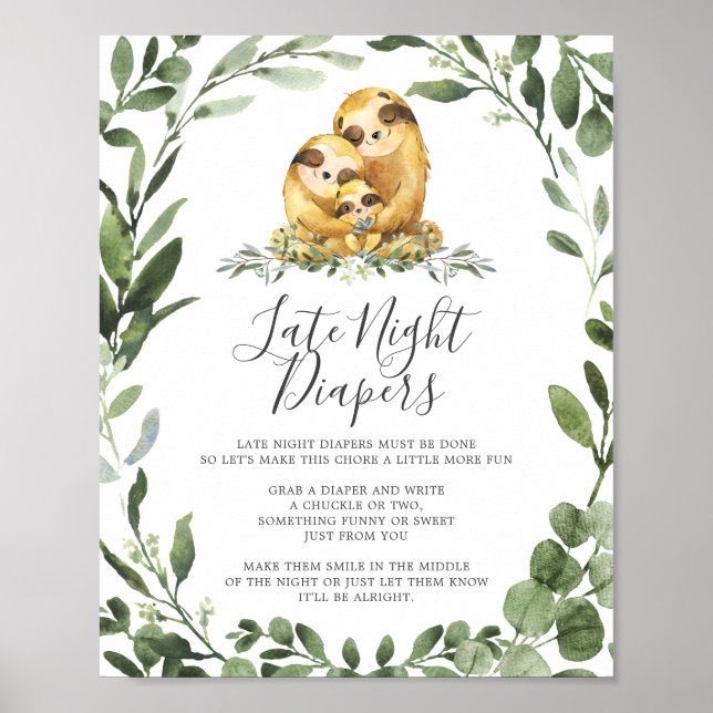 Sloth Family Baby Shower Late Night Diapers Sign (Front)