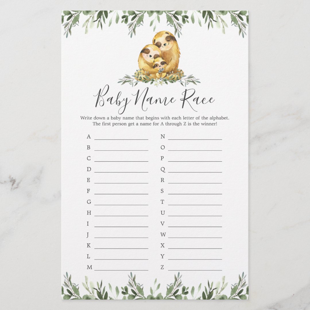 Sloth Family Baby Shower Name Race Game | Zazzle