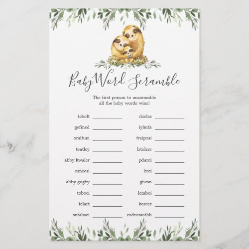 Sloth Family Baby Shower Word Scramble Game