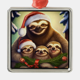 Sloth Family Holiday Metal Ornament