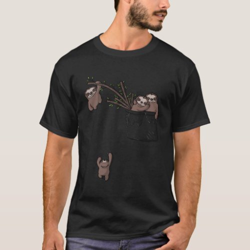 Sloth Family Playing Hanging Out In Pocket T_Shirt