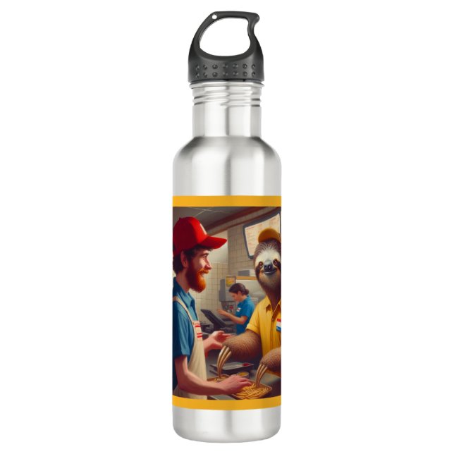 Sloth Fast Food Worker Stainless Steel Water Bottle (Front)