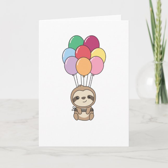 Sloth Flies Up With Colorful Balloons Card (Front)