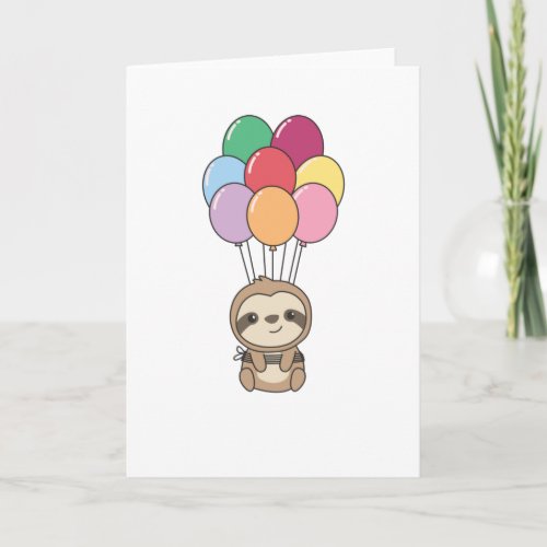 Sloth Flies Up With Colorful Balloons Card