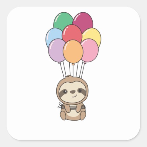 Sloth Flies Up With Colorful Balloons Square Sticker