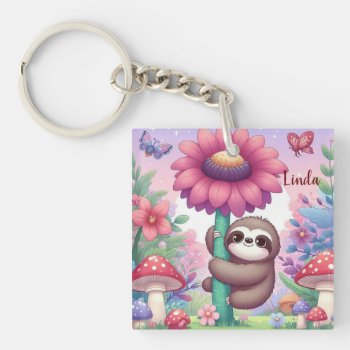 Sloth Flower Personalize  Keychain by RenderlyYours at Zazzle