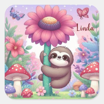 Sloth Flower Personalize  Square Sticker by RenderlyYours at Zazzle