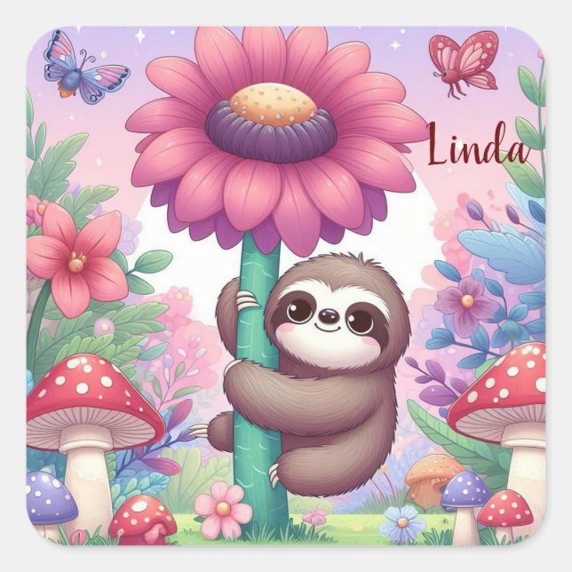 Sloth flower personalize  square sticker (Front)