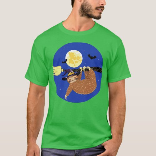 Sloth flying on witch broom T_Shirt