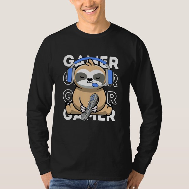 Sloth Gamer Cute Sloth Playing Video Games Boys Ki T-Shirt (Front)