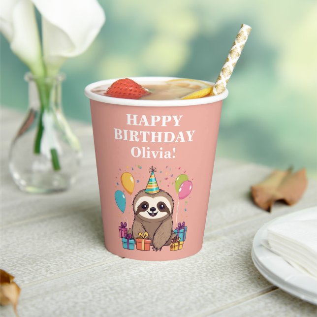 Sloth Girl Happy Birthday Party Pink Personalized Paper Cups (Insitu)