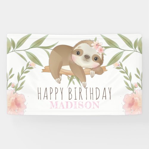 Sloth Girl Happy Birthday Personalized Banner
