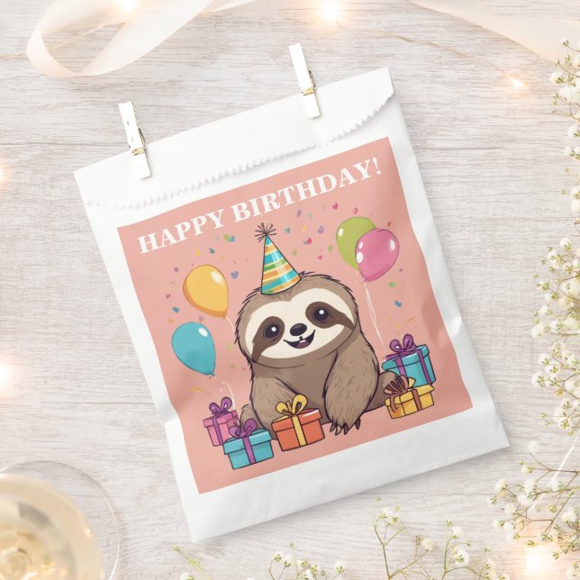 Sloth Girl Happy Birthday Pink Animal Fun Favor Bag (Clipped)