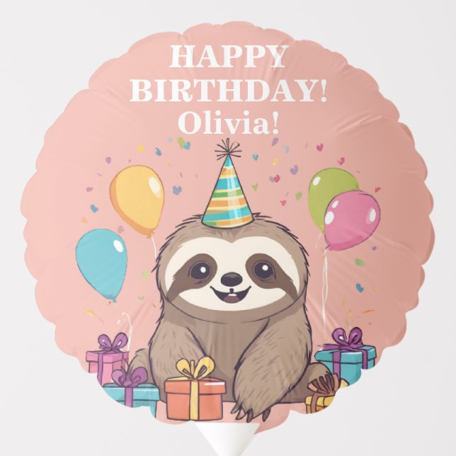 Sloth Girl Happy Birthday Pink Personalized Balloon (Front)
