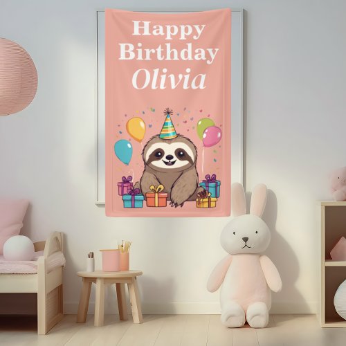 Sloth Girl Happy Birthday Pink Personalized Banner