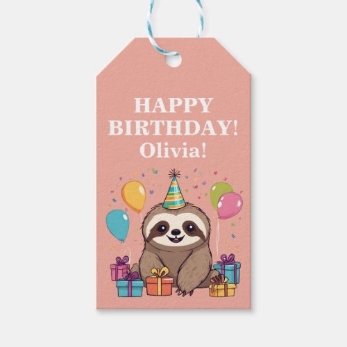 Sloth Girl Happy Birthday Pink Personalized Gift Tags