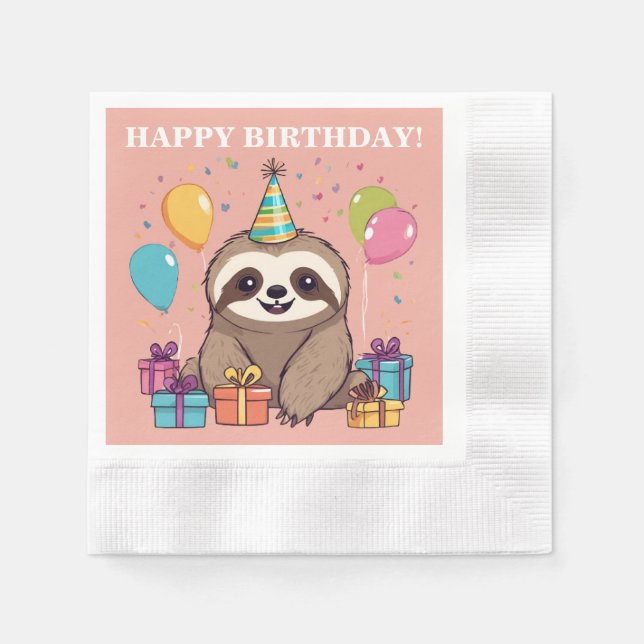 Sloth Girl Happy Birthday Pink Personalized Napkins (Front)