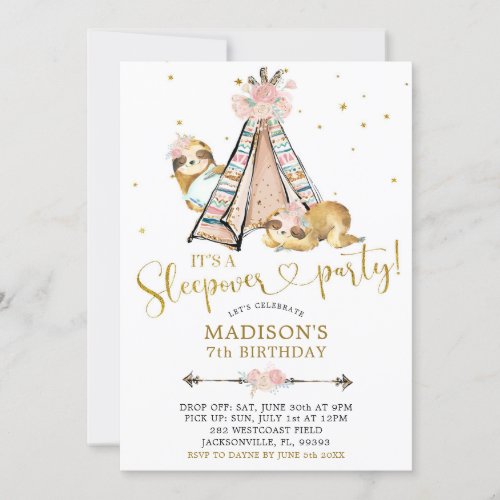 Sloth Girl Teepee Floral Sleepover Party Invite