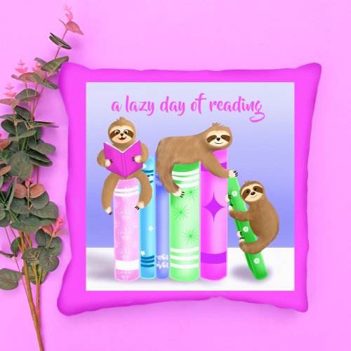 Sloth Girls Reading Books Lazy Day Of Reading Throw Pillow