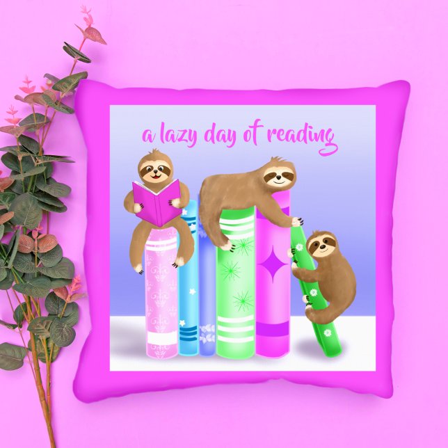 Sloth Girl's Reading Books Lazy Day Of Reading Throw Pillow (Creator Uploaded)