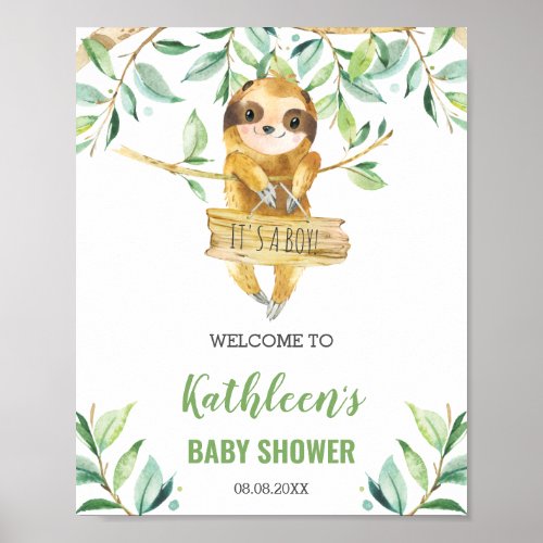 Sloth Greenery Boy Baby Shower Welcome Sign