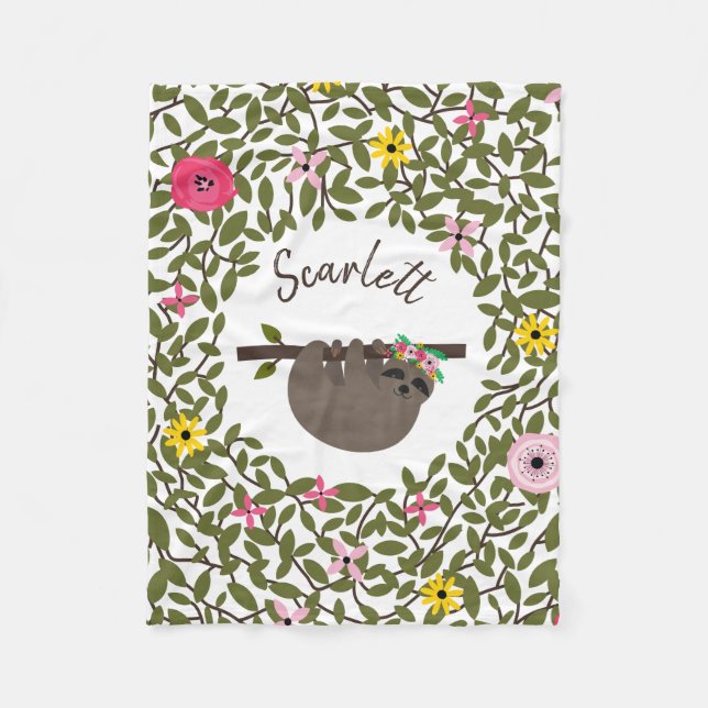 Sloth Greenery Floral Girls Fleece Blanket (Front)