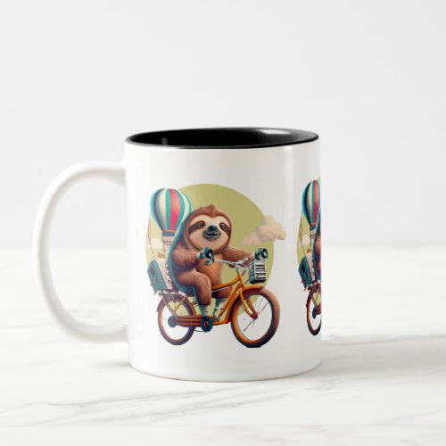 Sloth hanging from a hot air balloon with binocula Two_Tone coffee mug