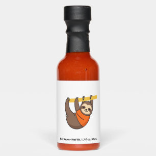 Sloth Hanging on Branch with Orange Hot Sauces