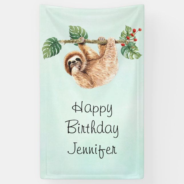 Sloth Hanging Upside Down Watercolor Birthday Banner (Vertical)