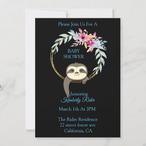 Sloth Hanging Wreath Flower Baby Shower Invitation