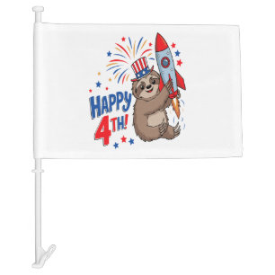 Sloth Happy 4th Rocket Fireworks USA Car Flag