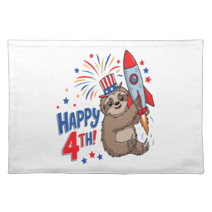 Sloth Happy 4th Rocket Fireworks USA Cloth Placemat