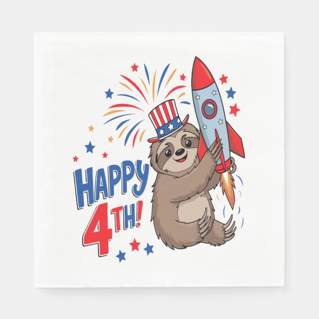 Sloth Happy 4th Rocket Fireworks USA Napkins (Front)