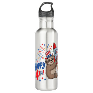 Sloth Happy 4th Rocket Fireworks USA Stainless Steel Water Bottle