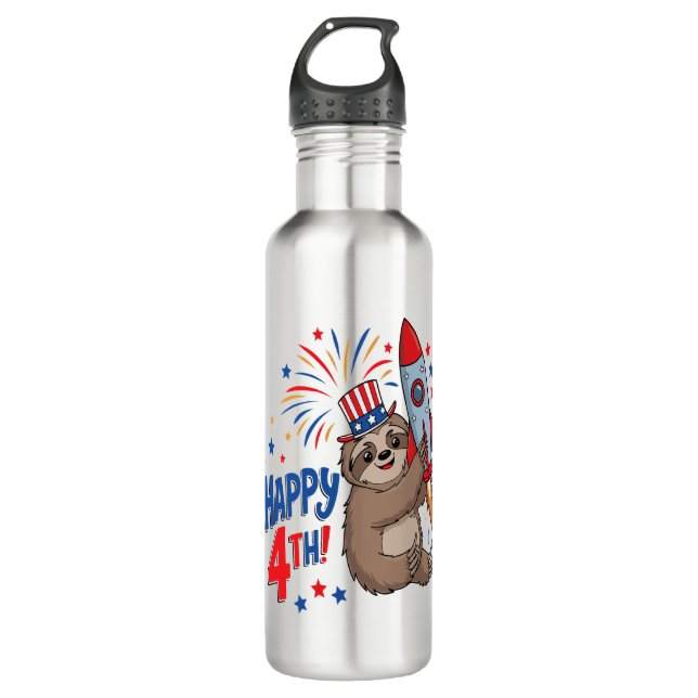 Sloth Happy 4th Rocket Fireworks USA Stainless Steel Water Bottle (Front)