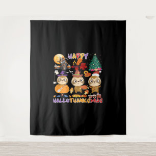 Sloth Happy Hallothanksmas Funny Halloween Thanksg Tapestry
