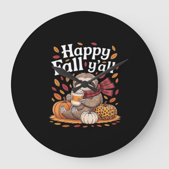 Sloth holding pumpkin spice happy Fall Yall autumn Large Clock (Front)