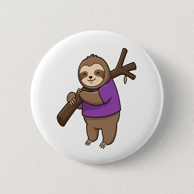 Sloth Hugging Tree Branch Wearing Purple Button (Front)