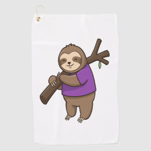 Sloth Hugging Tree Branch Wearing Purple Golf Towel