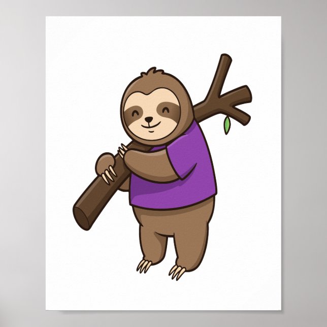 Sloth Hugging Tree Branch Wearing Purple Poster (Front)